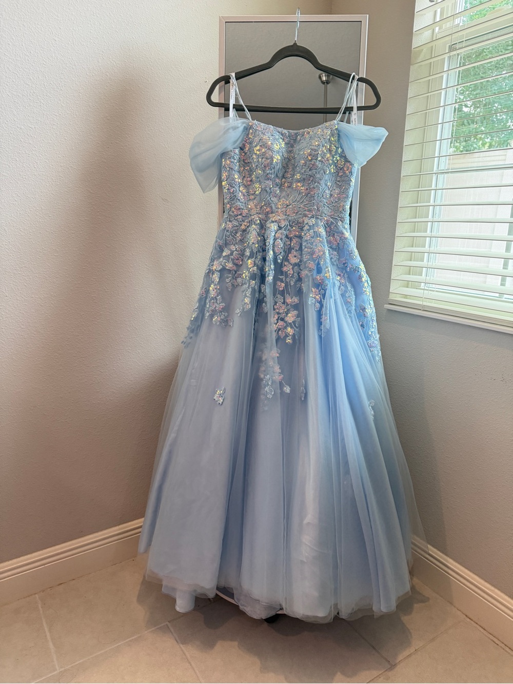 Light Blue Floral Off-Shoulder Prom Gown